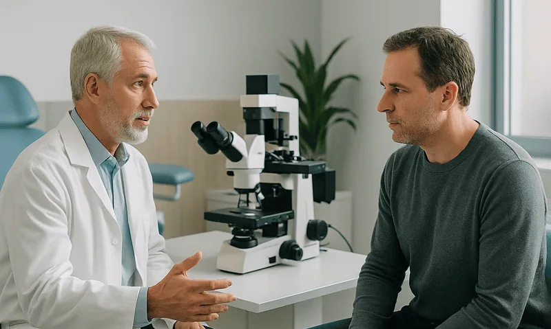 Doctor consulting with male patient in a medical office with microscope.