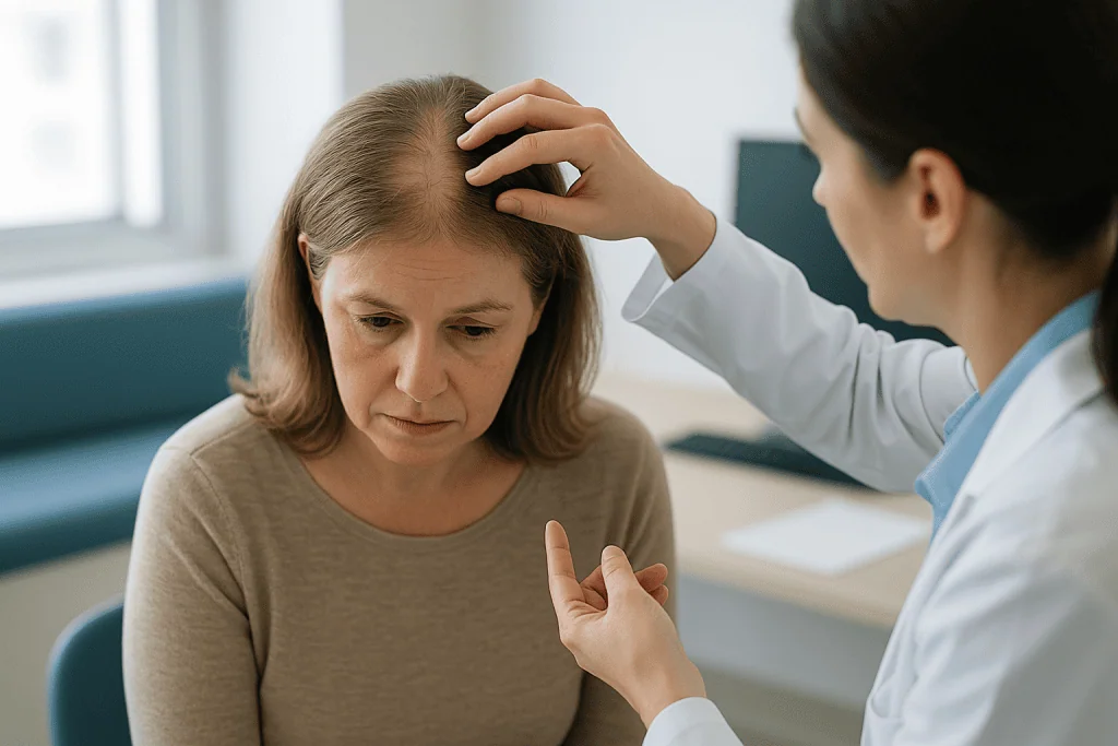 Doctor examining patient's scalp and hair: Female pattern hair loss or diffuse unpatterned alopecia: how specialists tell th