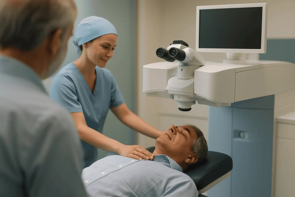 Femto LASIK 1 Ophthalmologist performing Femto LASIK eye surgery on patient at Acibadem Hospital.