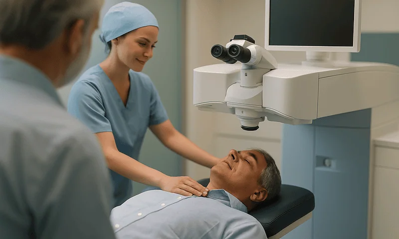 Ophthalmologist performing Femto LASIK eye surgery on patient at Acibadem Hospital.