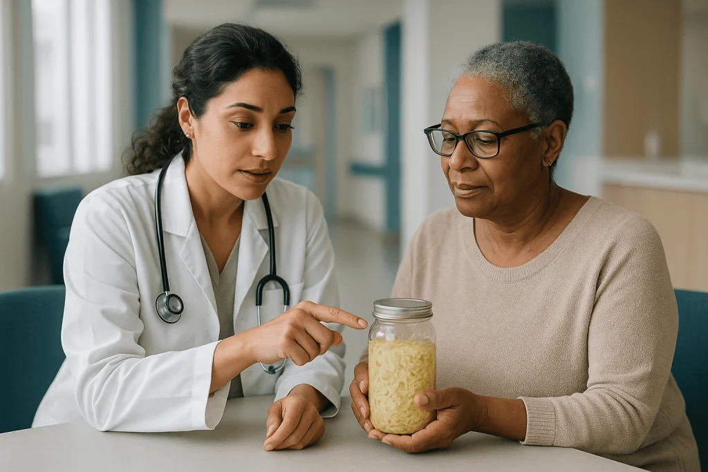 Doctor discussing food jar with older female patient — Fermented Foods: What the Evidence Actually Shows
