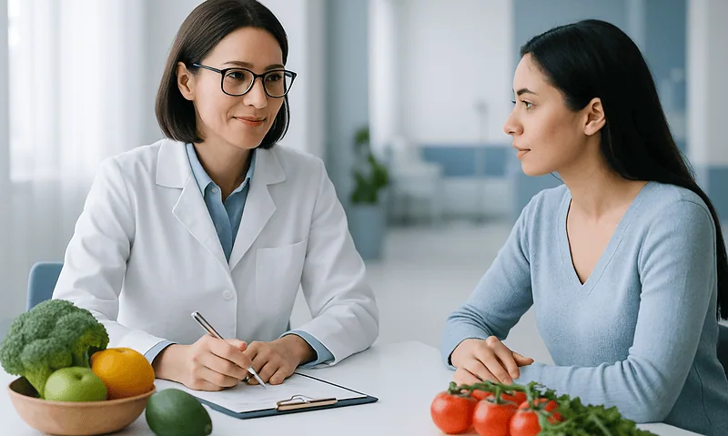 Doctor consulting with patient about health in a modern clinic setting.