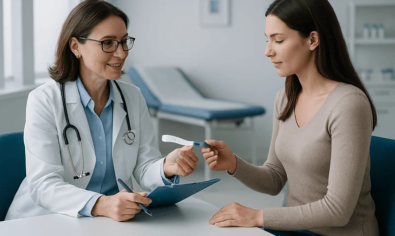 Doctor giving pregnancy test to a woman in a medical consultation room.