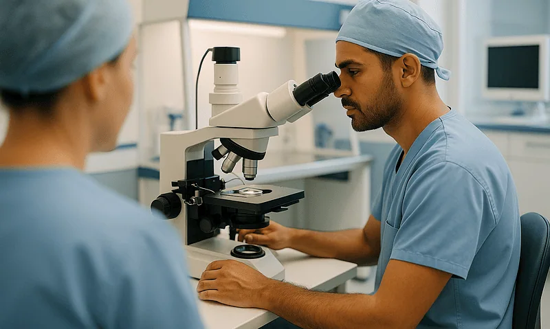 Fertility specialist examining samples with a microscope at Acibadem Hospital.