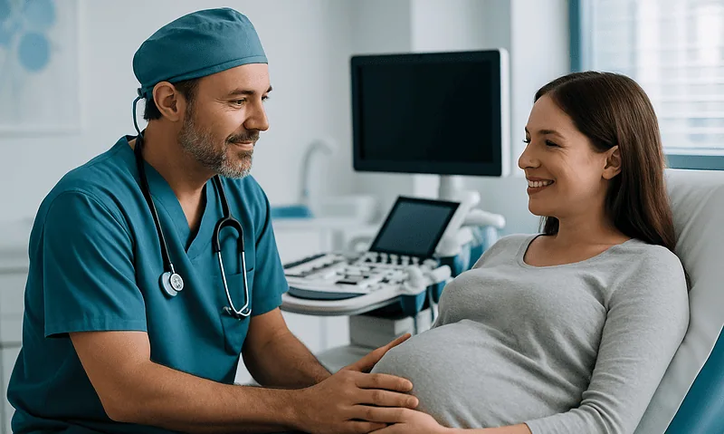 Doctor and pregnant woman in a hospital consultation room.