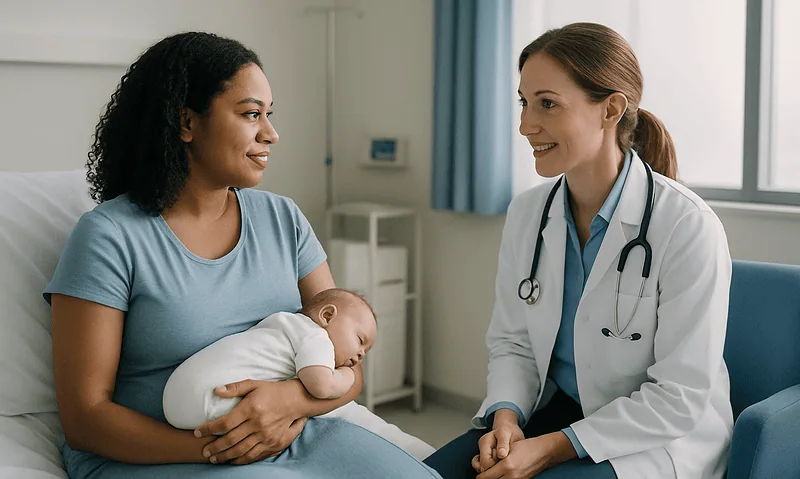 Doctor consulting new mother with baby in hospital room.