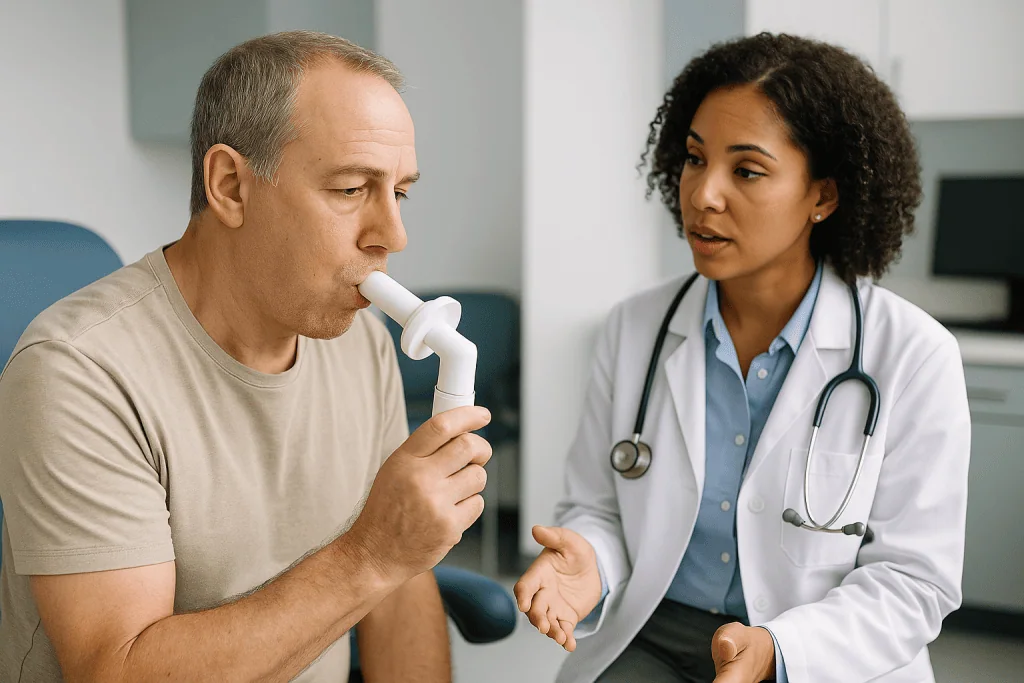 Patient using inhaler during doctor consultation in clinic: FEV1 and DLCO: the two breathing numbers your team watches most