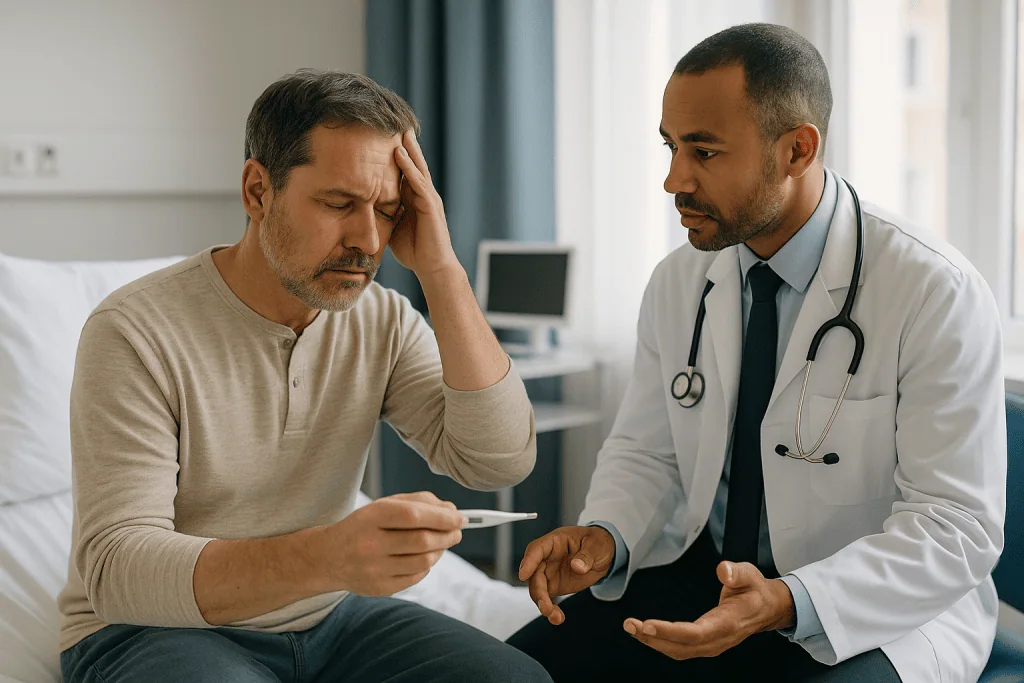 Doctor consulting with male patient holding thermometer: Fever after urethroplasty: what a temperature is telling you