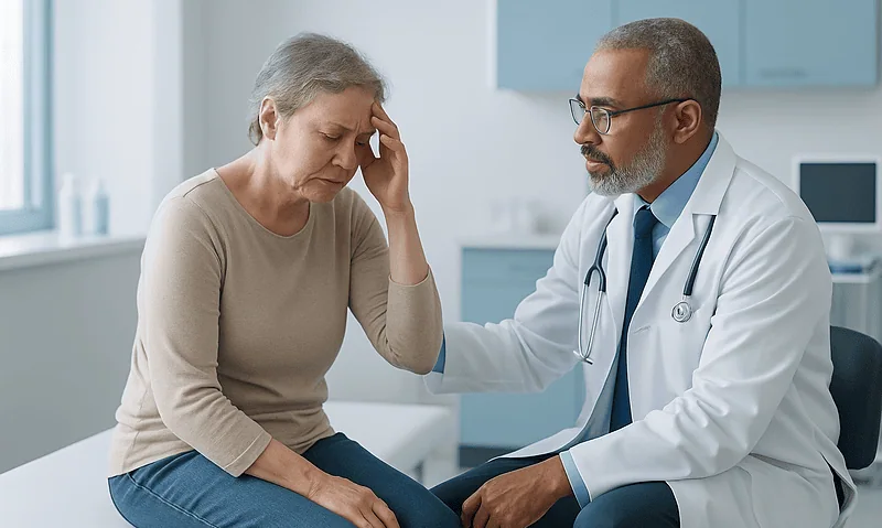Doctor consulting with an elderly woman in a medical office setting.
