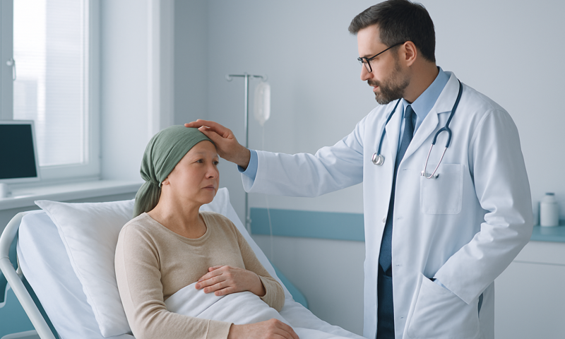 Doctor examining a patient with a head injury in hospital bed.