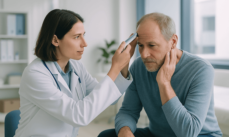 Doctor checking patient's temperature for fever or infection.