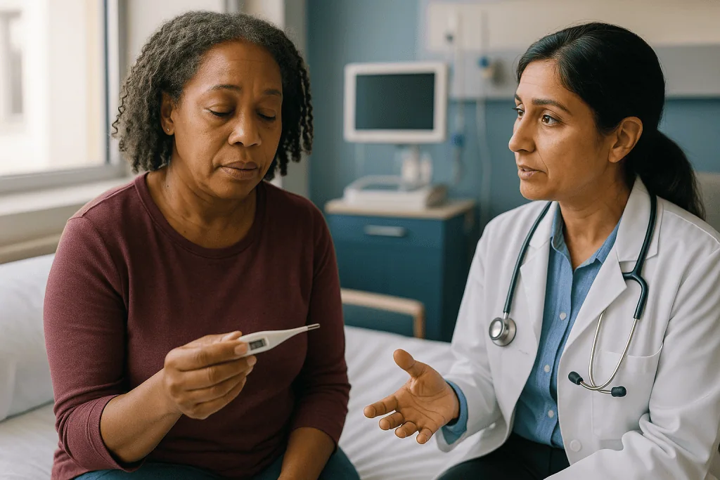 Doctor consulting patient about test results in clinic: Fever on immunosuppressants: why a small temperature matters more th