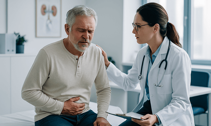 Doctor consulting with an elderly male patient about post-hydronephrosis symptoms.