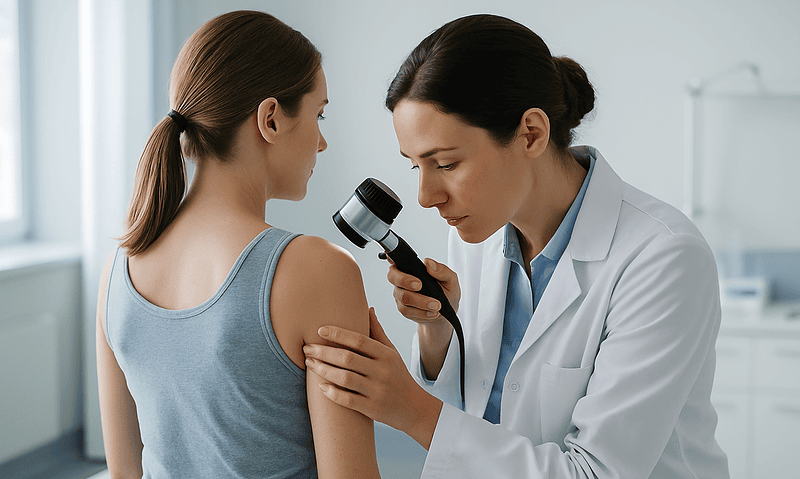 Doctor examining patient's shoulder with a dermatoscope in a clinical setting.