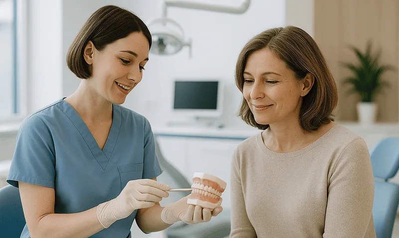 Dentist explaining dental implant options to a patient in a clinic.