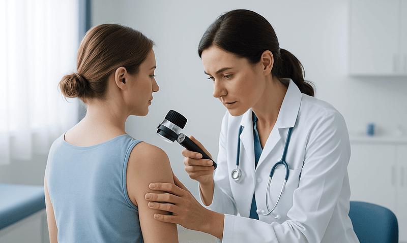 Doctor examining patient's shoulder with a dermatoscope in clinic.