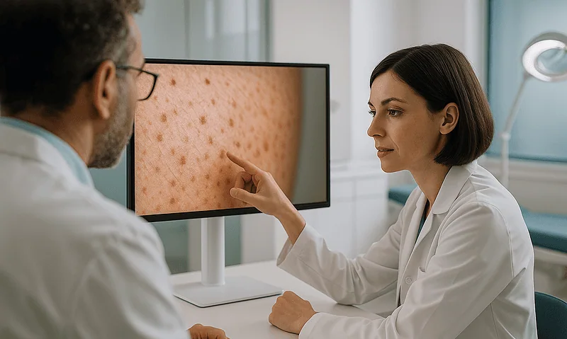 Dermatologist examining skin condition on computer monitor at Acibadem Hospital.