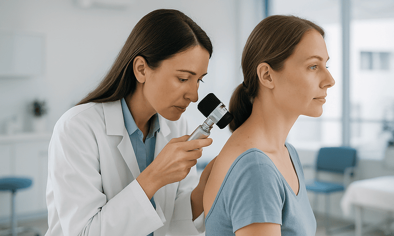 Fibroblast Treatment Risks Explained: Pigment Changes, Scarring and Skin Types at Higher Risk 3 Dermatologist examines patient's skin with a dermatoscope in a clinical setting.