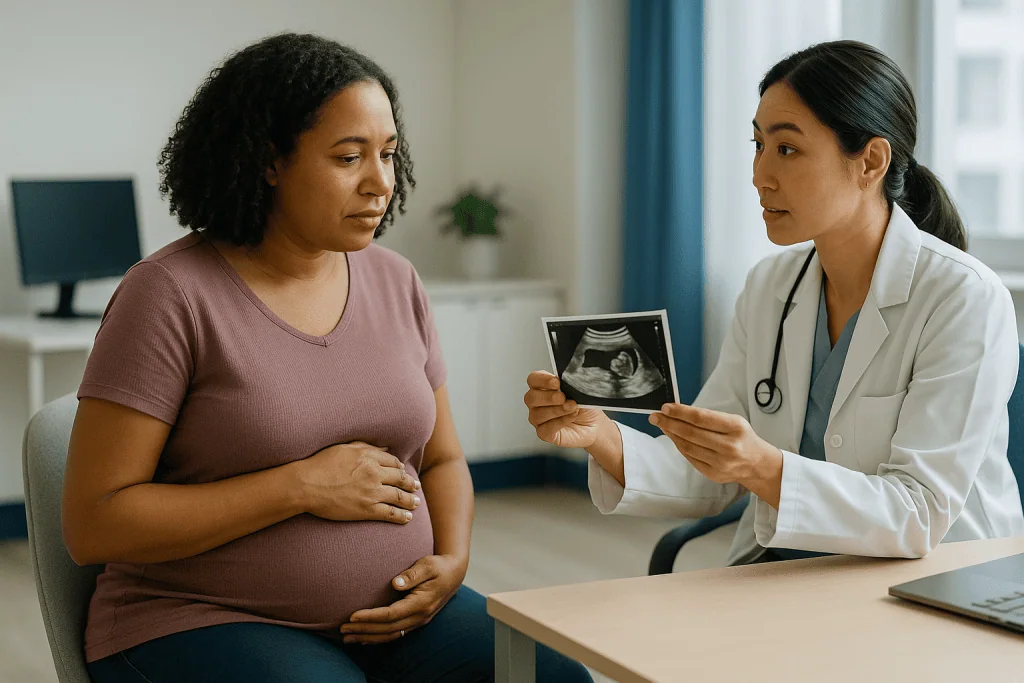 Pregnant patient consulting with female doctor about ultrasound: Fibroid surgery options side by side