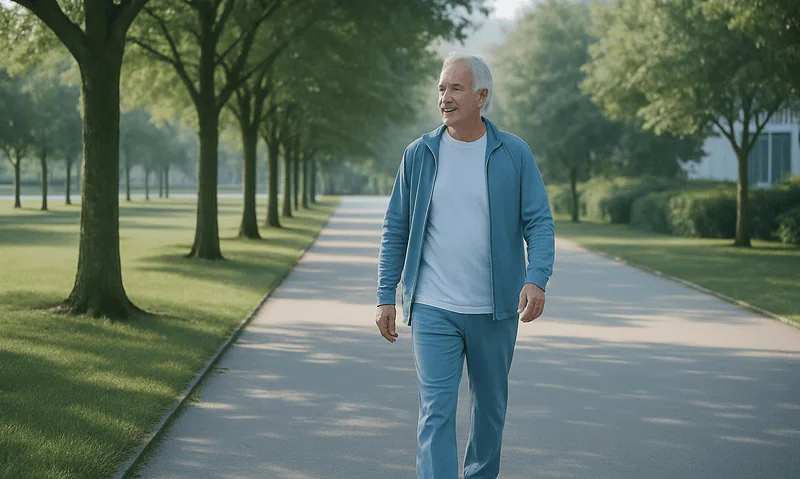 Older man walking in park on a sunny day, enjoying outdoor activity.