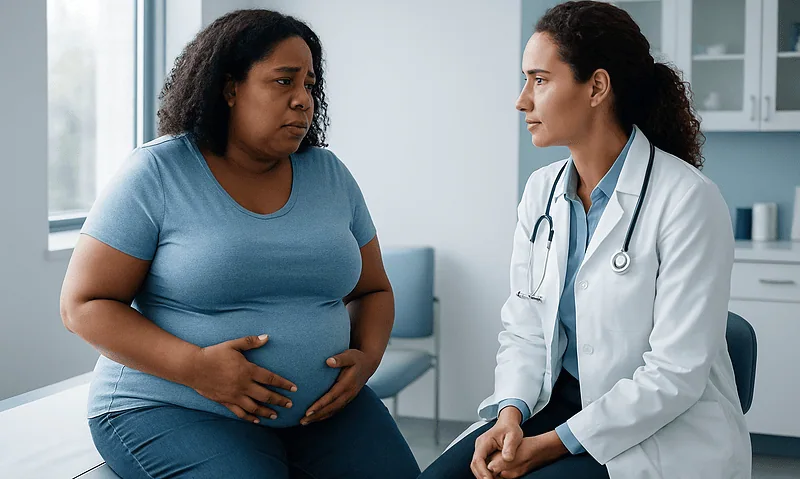 Doctor consulting with a pregnant woman in a medical office.
