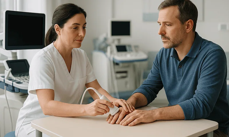 Doctor examining patient's wrist in a medical consultation room.