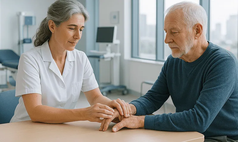 Doctor comforting an elderly patient in a medical consultation room.