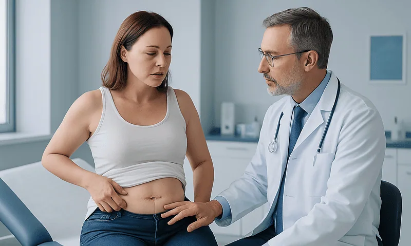 Doctor examining woman's abdomen in a medical consultation room.