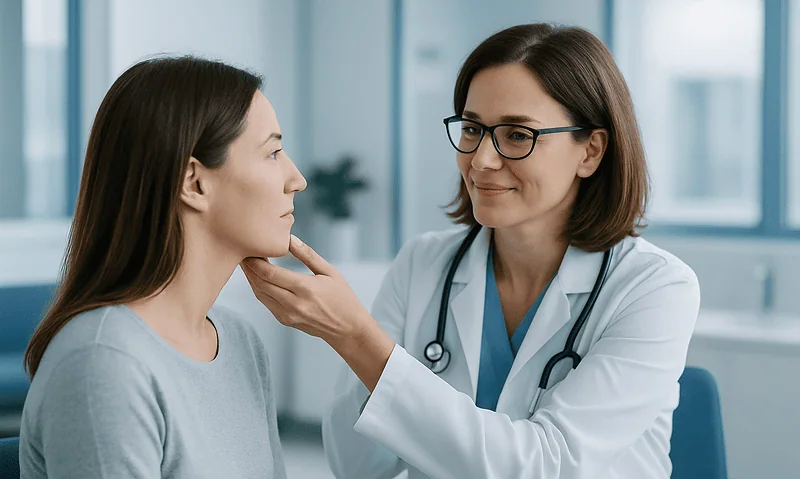 Doctor examining woman's face for filler migration issues.