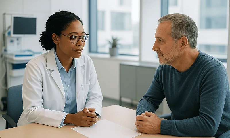 Doctor consulting with a male patient in a modern hospital office.
