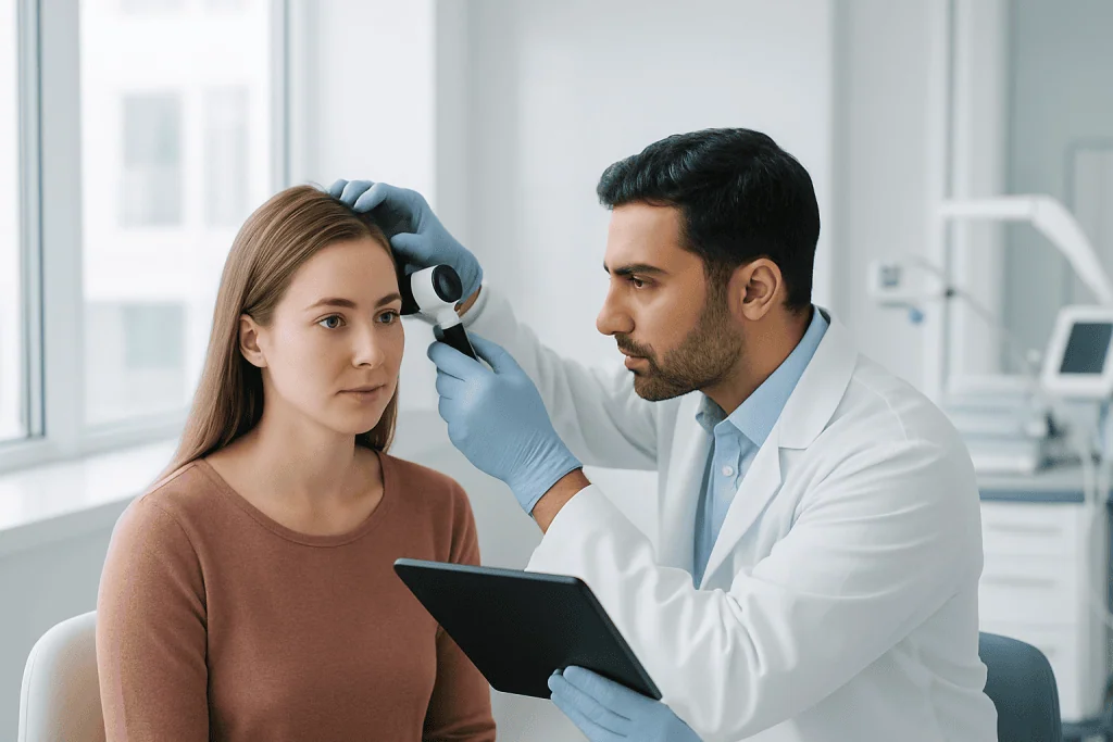 Finasteride and Minoxidil After a Hair Transplant: Are They Necessary? 1 Doctor examining woman's scalp with a dermatoscope in a clinic.