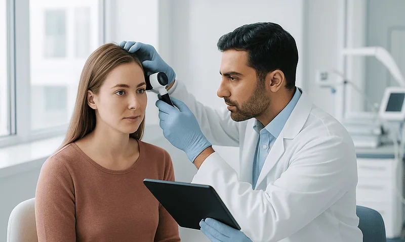 Doctor examining woman's scalp with a dermatoscope in a clinic.