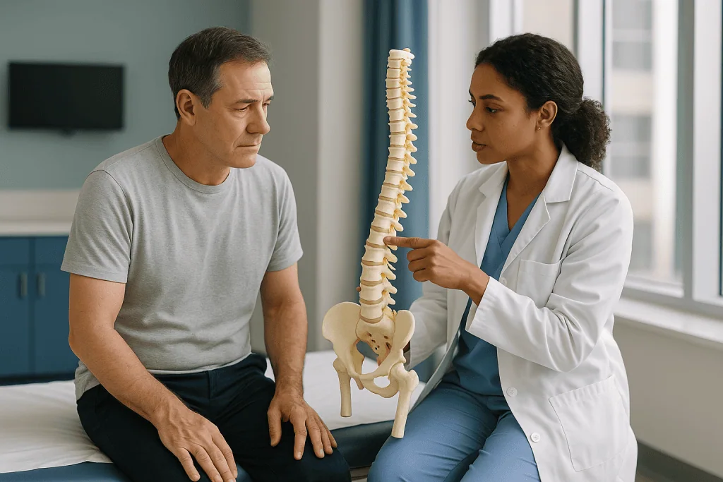 Doctor explaining spine anatomy model to patient: Finding the disc level: how surgeons make sure they are at the right verte