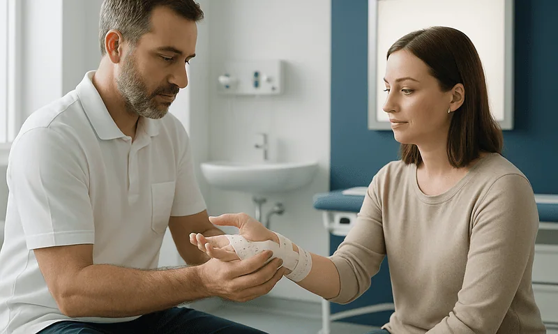 Doctor examining patient's hand in a medical consultation room.