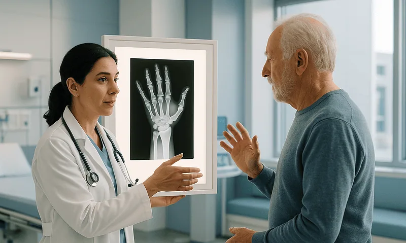 Doctor explaining foot X-ray to elderly patient in hospital setting.