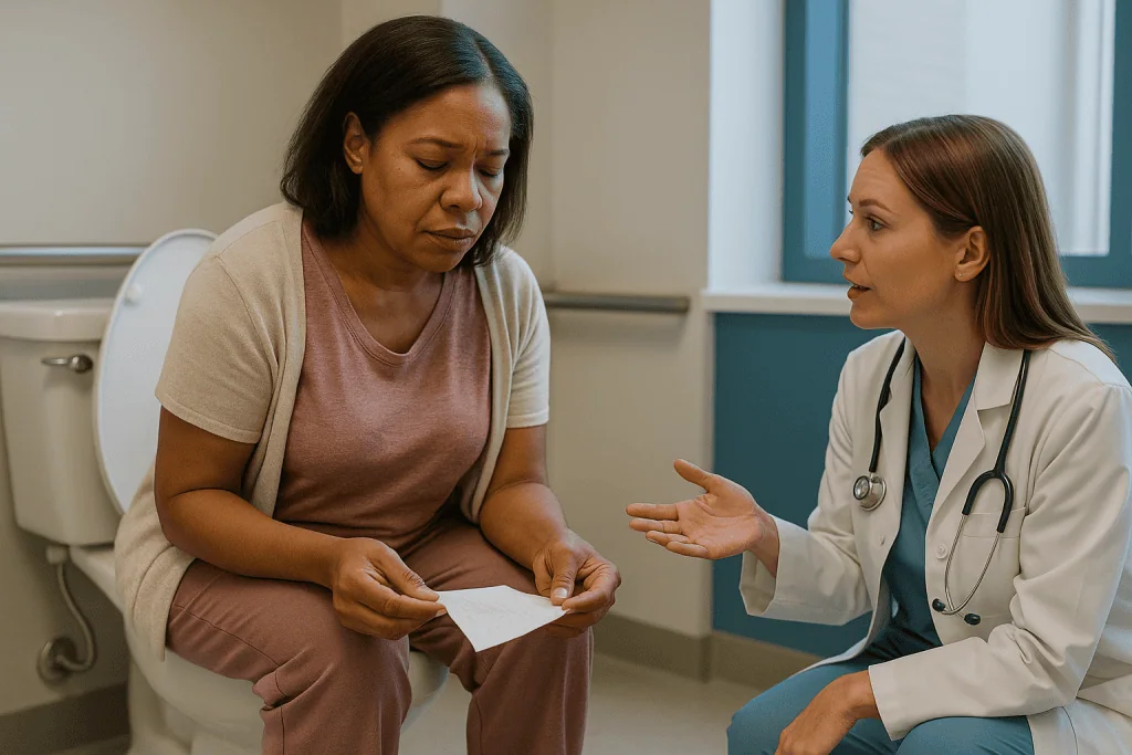Doctor consulting with patient in examination room — First bowel movement after hemorrhoidectomy: how do you go to the bathro