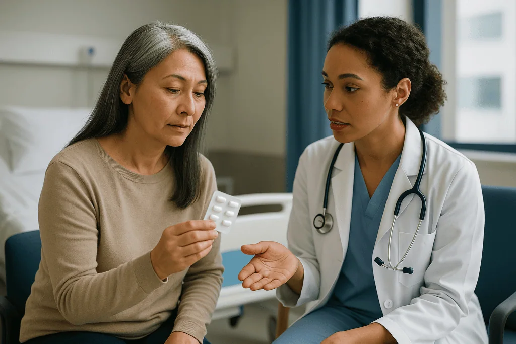 Doctor consulting adult patient about medication in clinic: First line treatment for ulcerative colitis: how aminosalicylate