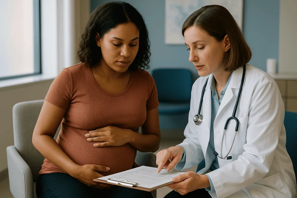 Pregnant woman consulting with doctor reviewing medical records: First prenatal visit checklist: records that matter most at