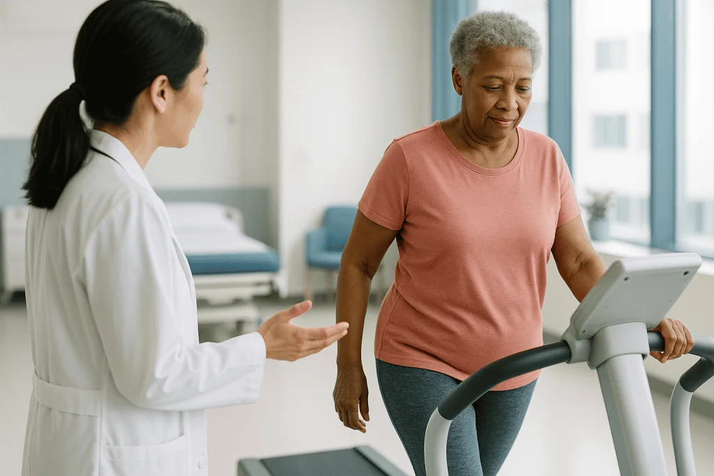Doctor consulting patient on exercise equipment during rehabilitation: First rung: what actually happens when treatment star