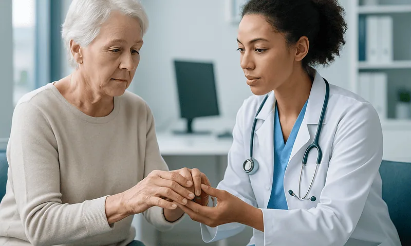 Doctor examining elderly woman's hand for arthritis symptoms.