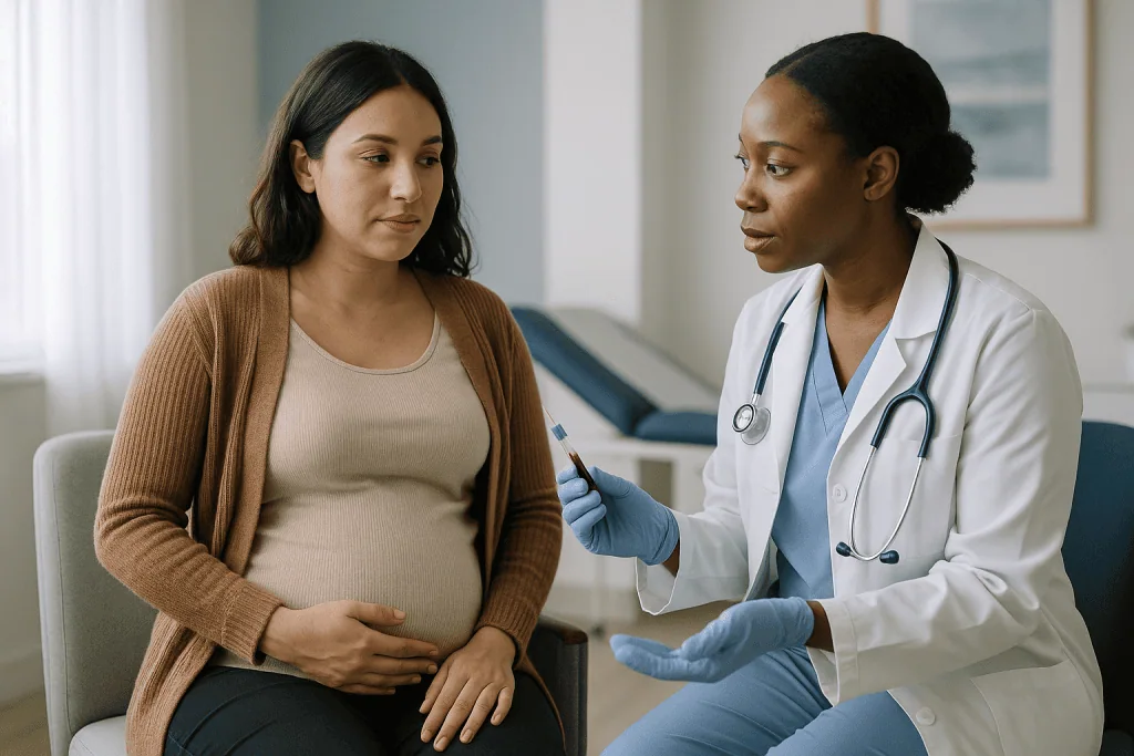 Pregnant patient consulting with female physician during prenatal checkup: First trimester: the booking visit and the first 
