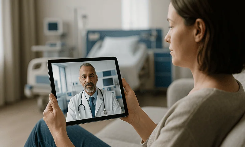 Patient communicates with doctor via telemedicine after treatment at Acibadem Hospital.