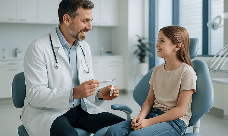 Pediatric dentist consulting with young girl in dental clinic.