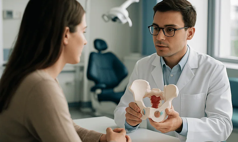 Dentist explaining dental anatomy to patient in clinic setting.