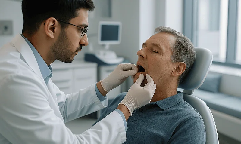 Dentist examining patient's mouth in a clinical setting at Acibadem Hospitals.