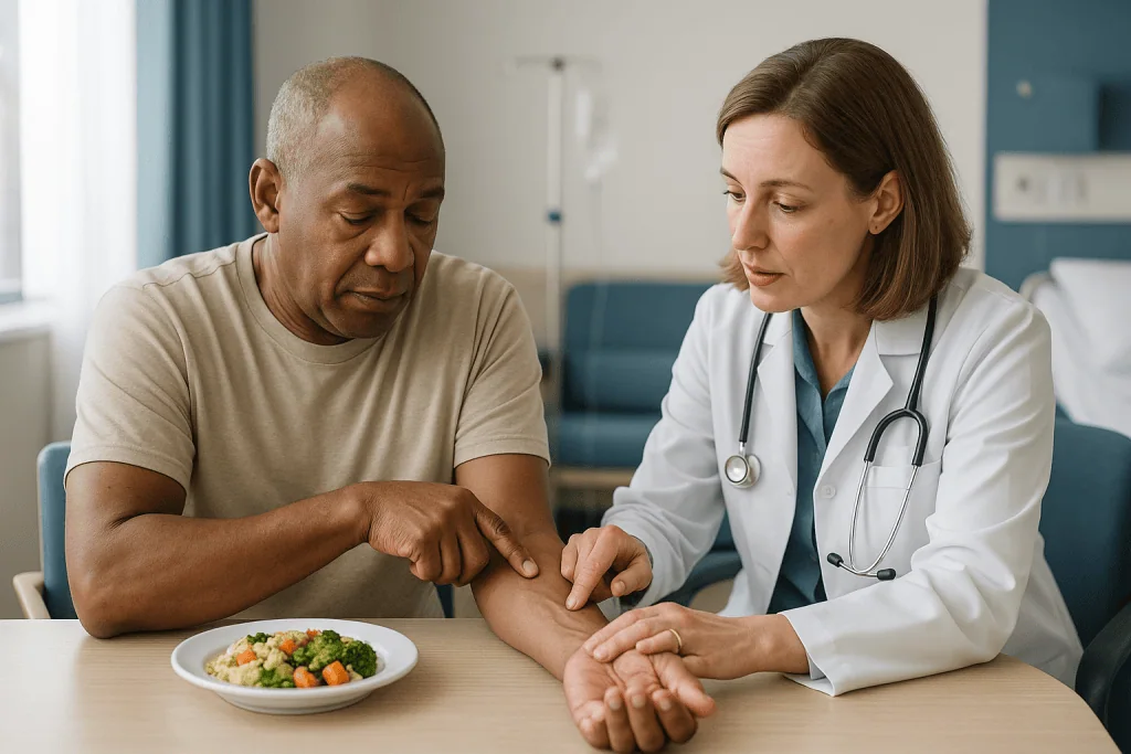 Doctor examining patient's arm during consultation: Fistula vs graft for dialysis: how the three access types compare