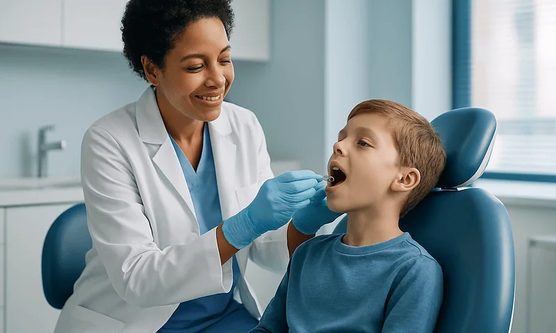 Pediatric dentist examining child's mouth in a dental clinic.