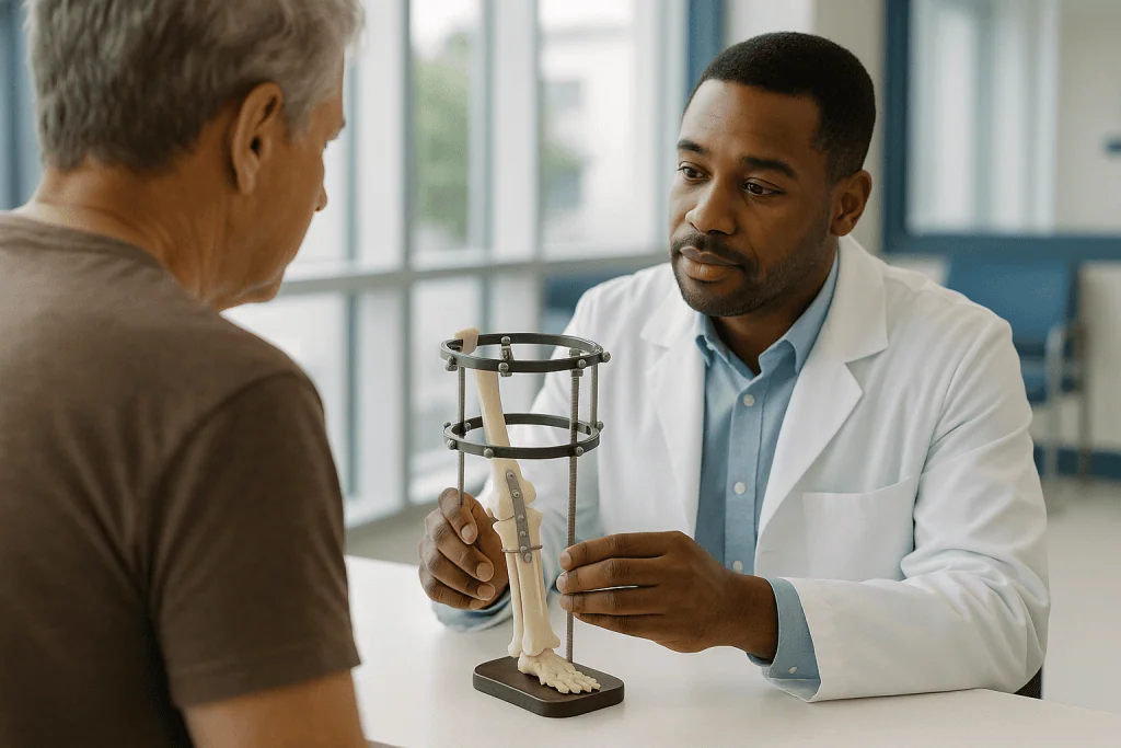 Doctor consulting elderly patient with anatomical foot model: Fixation explained: plates, nails and frames