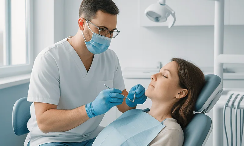 Dentist examining patient in dental clinic with modern equipment.