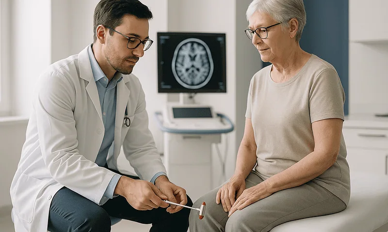 Doctor consulting with an elderly female patient in a medical office.